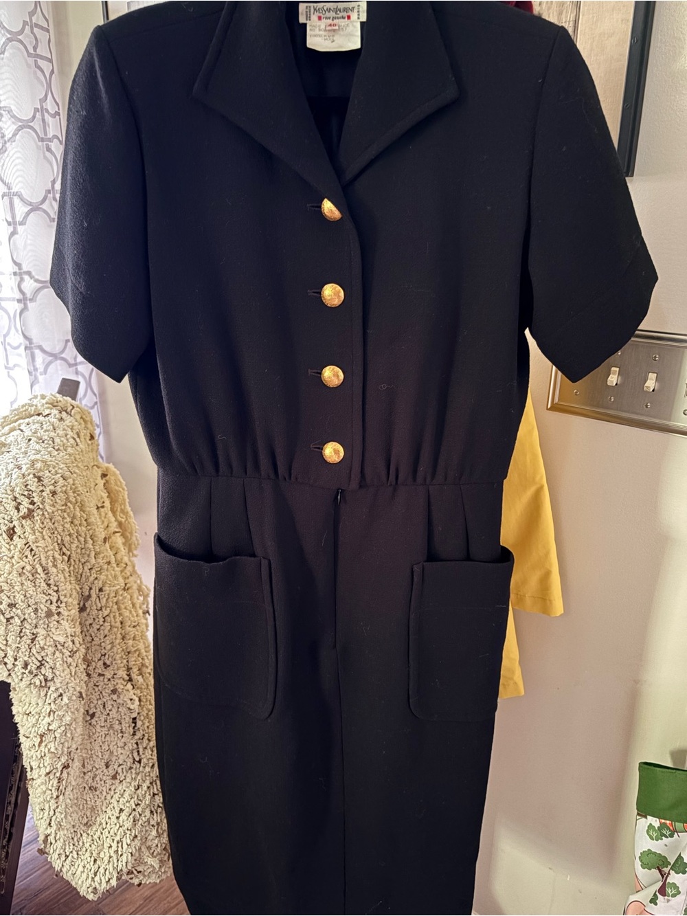 Yves Saint Laurent Black Midi Dress with Gold-Tone Buttons